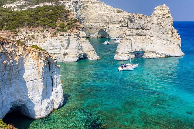Best of Milos and Poliegos Catamaran snorkelling Cruise with BBQ - Gerakas, where perlite cliffs meet emerald water