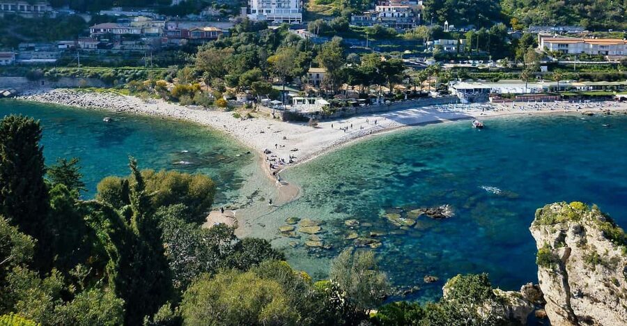 Isola Bella-Blue Grotto: Boat Tour, Snorkeling & Aperitif - Leaving Giardini Naxos along the golden coast