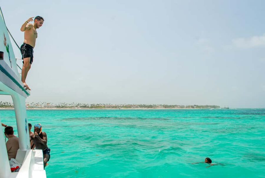 Party Boat and Snorkelling in Punta Cana - Passing the man-made Dolphin Island enclosure