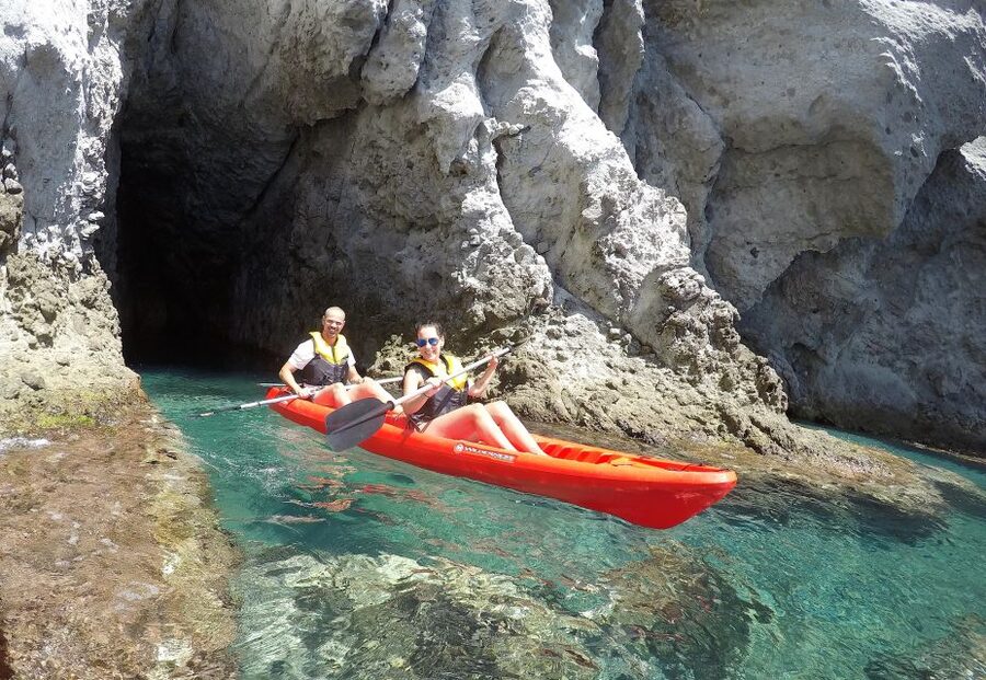 San José: Cabo de Gata Natural Park Kayak and Snorkel Tour - Paddling toward Cueva del Tabaco